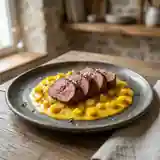 Noisettes de biche rôties à la mangue et au safran, sauce délicate