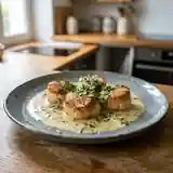 Noix de Saint-Jacques flambées au pastis, sauce crémeuse à l'ail