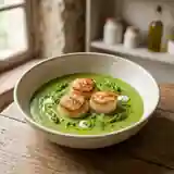 Noix de Saint-Jacques poêlées et velouté d'asperges vertes onctueux