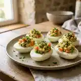 Œufs durs farcis à la jardinière de légumes frais