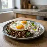 Œufs frits savoureux à la viande accompagnés de raïta fraîche aux radis