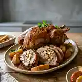 Oie rôtie farcie aux boudins blancs et pommes caramélisées