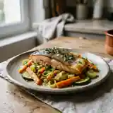Omble chevalier rôti aux petits légumes de saison