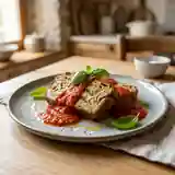 Pain d'aubergine fondant au coulis de tomates maison