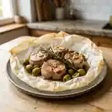 Papillote de porc fondante aux olives et romarin