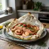 Papillote de saumon et gambas aux saveurs méditerranéennes
