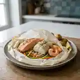 Papillote gourmande aux trois poissons : saumon, cabillaud et crevettes