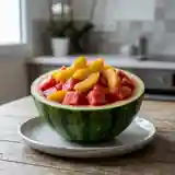 Pastèque fraîche garnie de pêches pochées à la vanille