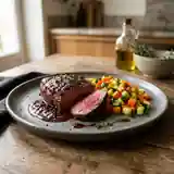 Pavé d'autruche au vin rouge, sauce raffinée et légumes de saison