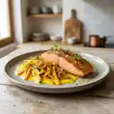 Pavé de saumon délicatement safrané, sauce onctueuse et légumes croquants