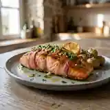 Pavé de saumon rôti à l'ail et lard croustillant
