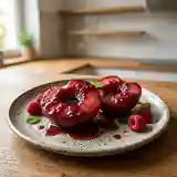 Pêches pochées au vin rouge et gelée de framboise maison