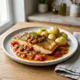 Perche rôtie, sauce tomate fondante au safran