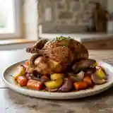 Pigeon rôti aux épices douces et légumes de saison