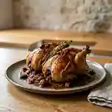 Pigeons rôtis, farce : jambon et raisins