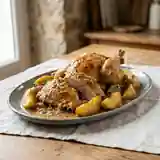 Pintade Rôtie au Cidre Maison, Sauce Onctueuse et Pommes Fondantes