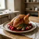 Pintade rôtie au vinaigre de framboise et herbes fraîches