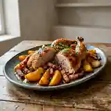 Pintade rôtie aux lardons croustillants et pêches caramélisées