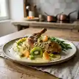 Pintadeau fondant à la crème fraîche, kiwis et mandarines