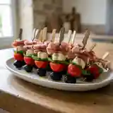 Piques tomate cerise, mozzarella, jambon cru et basilic