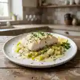 Poisson blanc fondant, crème de poireaux citronnée