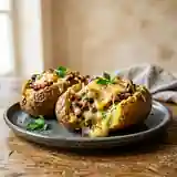 Pommes de terre farcies au gouda, bacon croustillant et champignons savoureux