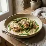 Poulet en sauce crémeuse aux asperges vertes