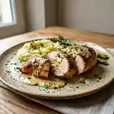 Poulet fondant à la moutarde et miel, sauce onctueuse
