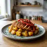 Poulet fondant au poivron et paprika accompagné de pommes de terre rôties