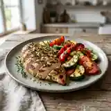 Poulet grillé aux herbes fraîches et légumes d'été colorés, recette facile et rapide