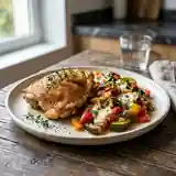Poulet rôti savoureux accompagné de sa ratatouille au chèvre fondant