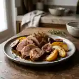 Râble de lapin aux figues fraîches et pommes caramélisées