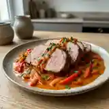 Rôti de jambon fondant à la crème onctueuse de poivrons rouges