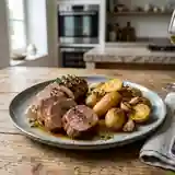 Rôti de porc à l'ail et au thym, pommes de terre rattes rôties au four