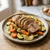 Rôti de porc diététique aux herbes et légumes