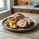 Rôti de Porc Fondant au Boursin et Poires Caramélisées