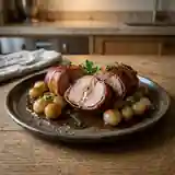 Rôti de porc lardé et oignons confits