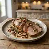 Rôti de porc fondant aux champignons et lardons croustillants