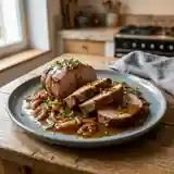 Rôti de Porc Fondant aux Oignons Caramélisés et Sauce Madère