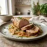 Rôti de porc fondant aux oignons cuit au micro-ondes