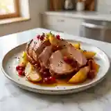 Rôti de porc fondant aux poires caramélisées et airelles sauvages