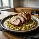 Rôti de porc juteux et sa fondue de poireaux