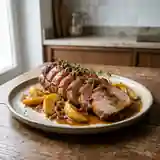Rôti de porc tendre au cidre et pommes caramélisées