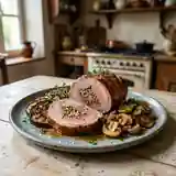 Rôti de veau farci aux herbes, aubergines rôties et champignons sautés