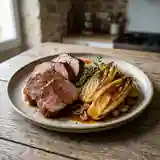 Rôti de veau fondant accompagné d'une poêlée d'endives caramélisées
