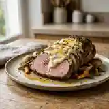 Rôti de veau fondant au fromage bleu et herbes fraîches