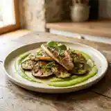 Rougets poêlés au coulis de courgettes fraîches sur lit d'aubergines fondantes