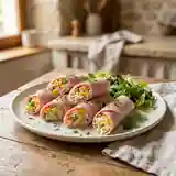 Rouleaux de jambon garnis d'une salade de riz fraîche et savoureuse