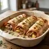 Roulés de jambon crémeux, pommes et champignons