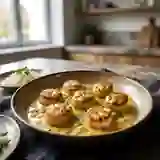 Saint-Jacques poêlées, crème veloutée au curry